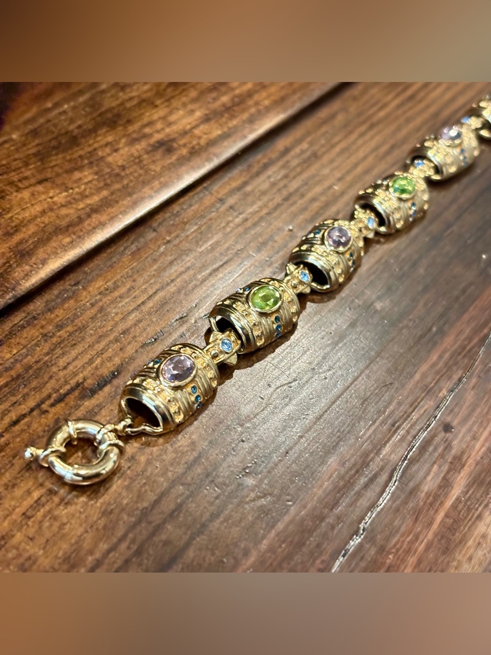 Vintage Premier Designs Gold Bracelet Barrel Links Green Pink Rhinestones - Picture 5 of 10